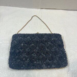 VTG Beaded Sequined Black Cocktail Evening Purse Rhinestone Kiss Lock